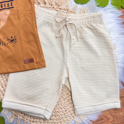 Conj. Camiseta Tropical Paradise e Bermuda em Moletinho - Caramelo e Areia